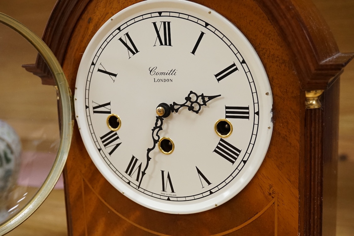 A Cometti inlaid mahogany mantel clock, with key, 31cm high